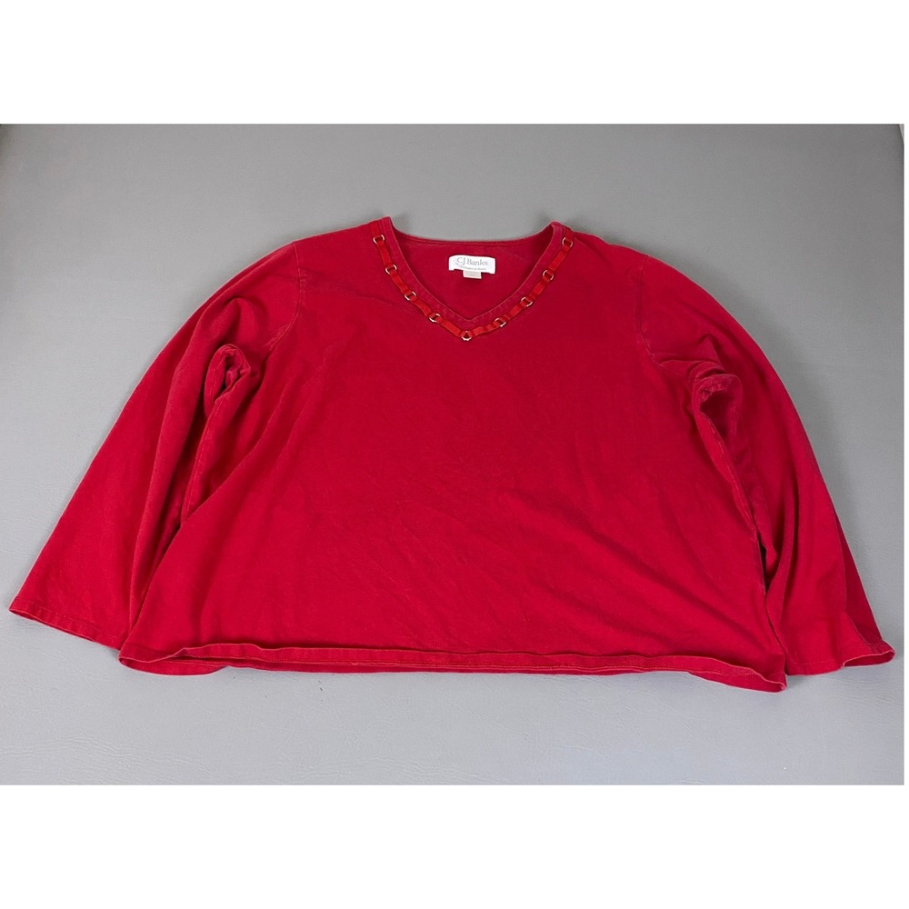 CJ Banks T-Shirt Plus Size 2X Red Long Sleeve V-Neck Embellished Cotton Stretch